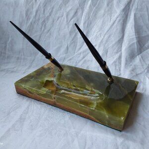 Vtg Schaeffer green marble desk set 2 fountain pens 14K gold nibs midcentury